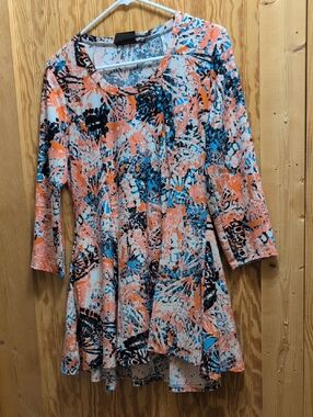 Women’s Abstract Print 3/4 Sleeve Tunic Top - Orange, Blue & Black